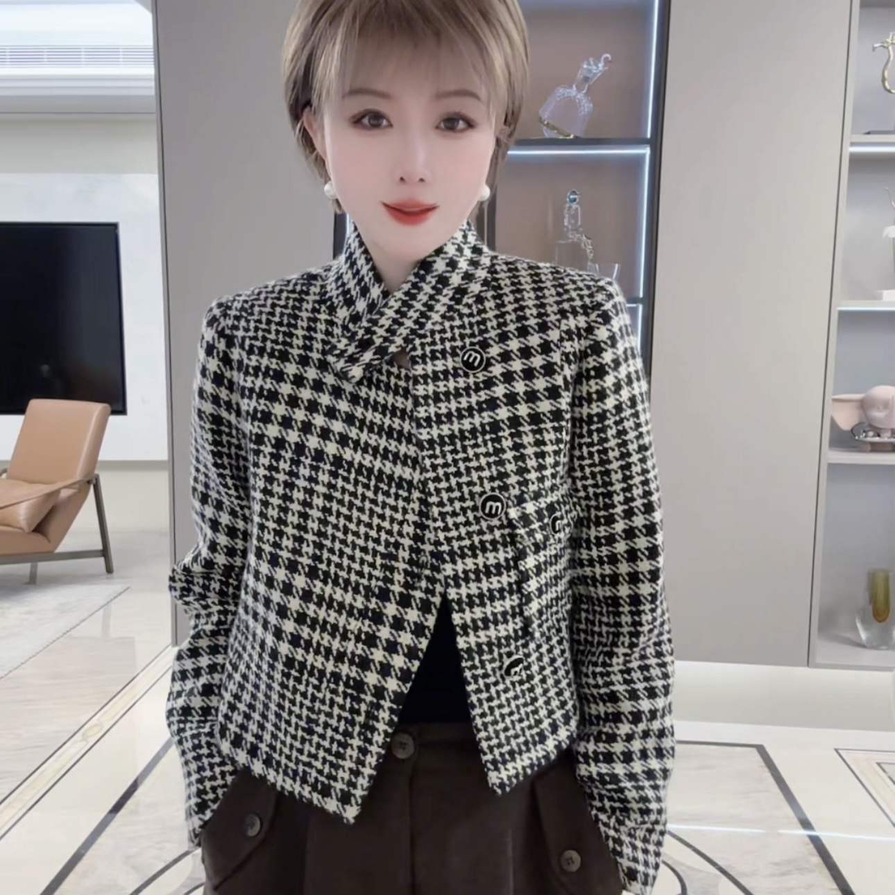 秋季黑色时尚百搭千鸟格外套女短款