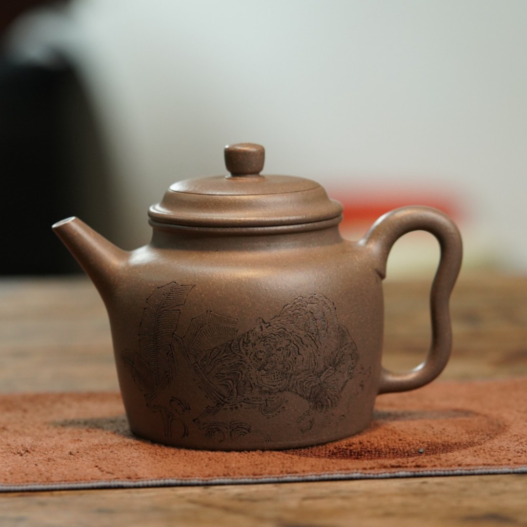 娄祝剑制 刘华刻绘 高德钟紫砂壶 全手工制作 青段泥 400cc