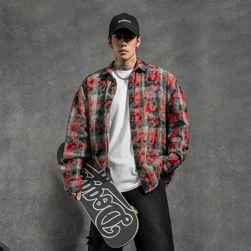 鹿家门美式复古衬衫长袖宽松潮流百搭格子休闲大码运动健身衬衫