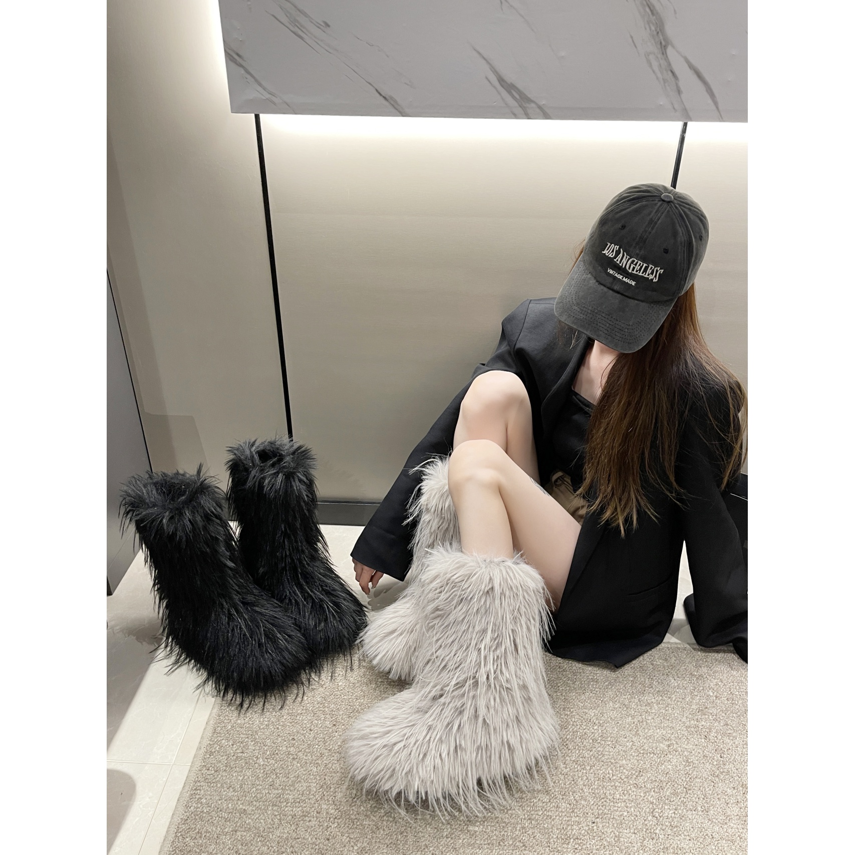 百丽纯爱辣妹毛毛靴子2023年冬季新款可爱小众涩谷保暖长筒靴个性