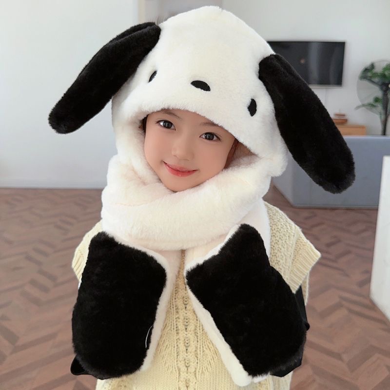 儿童小狗耳朵会动护耳帽子围巾手套一体冬季保暖围脖连体三件套