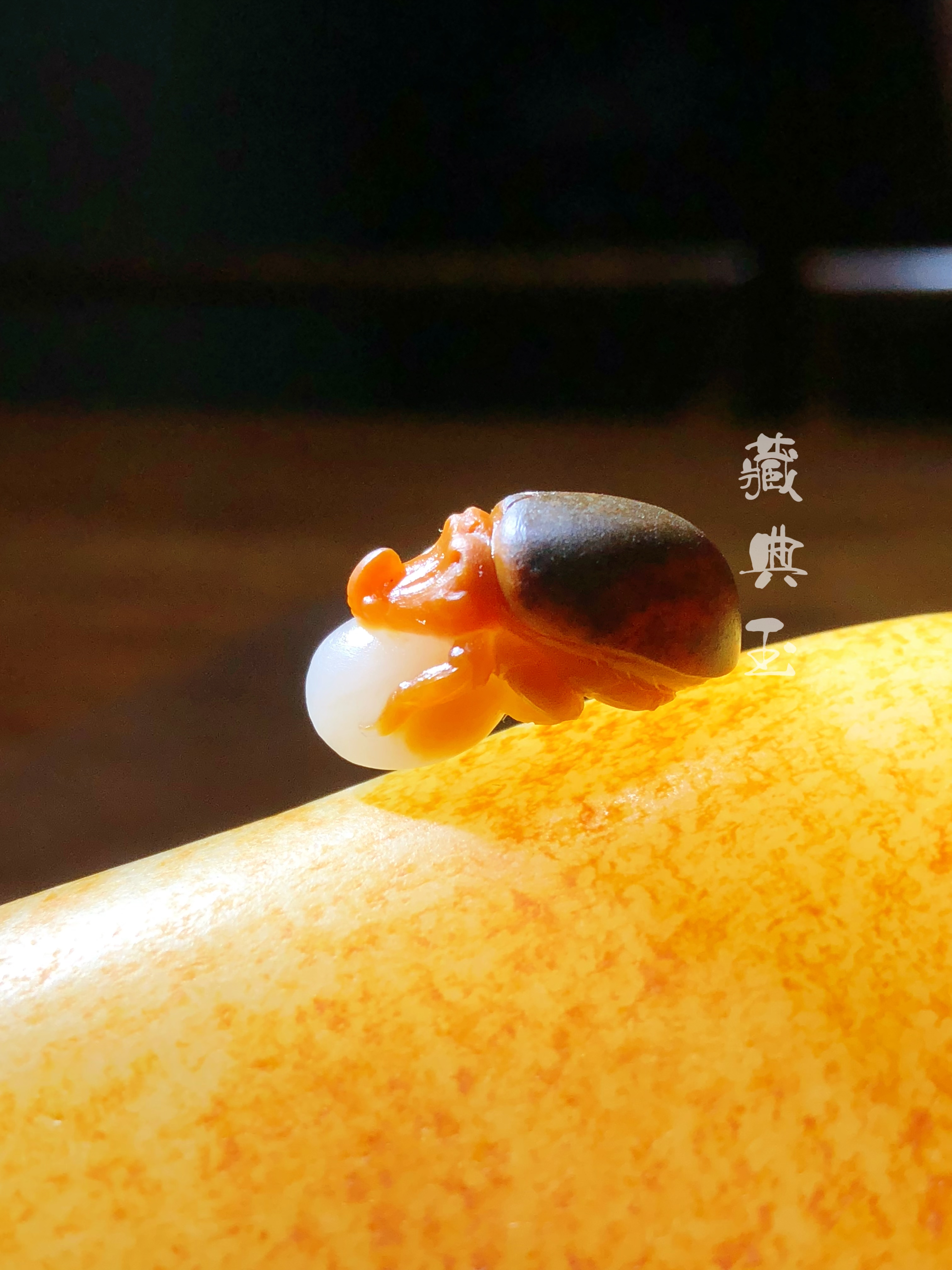 新疆和田玉籽料，三色巧雕「珍宝」拙道工作室作品！3.6克！独籽