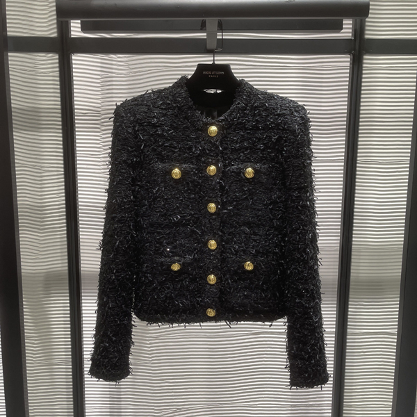 高级时装 24年早秋新款女装狮子扣气质黑色粗花呢流苏外套-2359