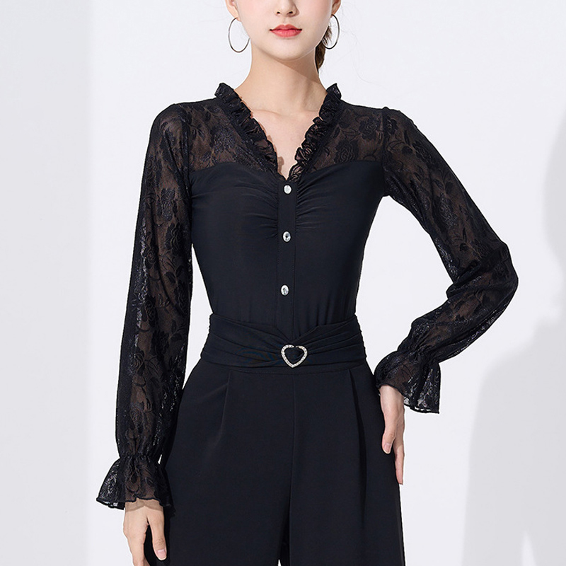 广场舞练功服女上衣连体新款拼接国标摩登舞蹈演出服