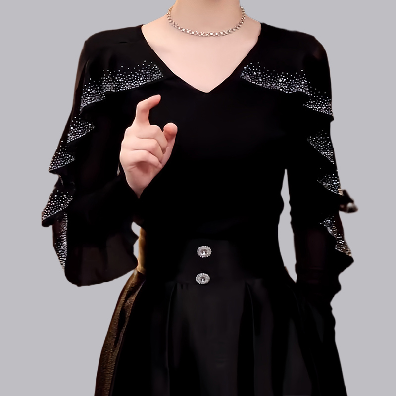  广场舞练功服V领女高级感烫钻荷叶边摩登舞拉丁舞蹈服