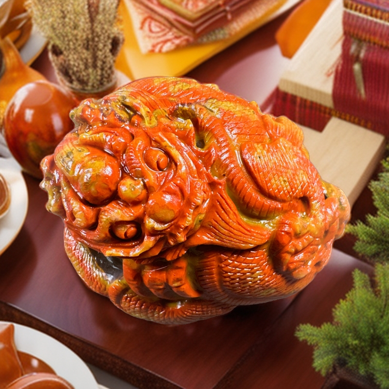 无品牌战国红玛瑙玉石直播间精美时尚南山料雕刻摆件水晶红黄相间