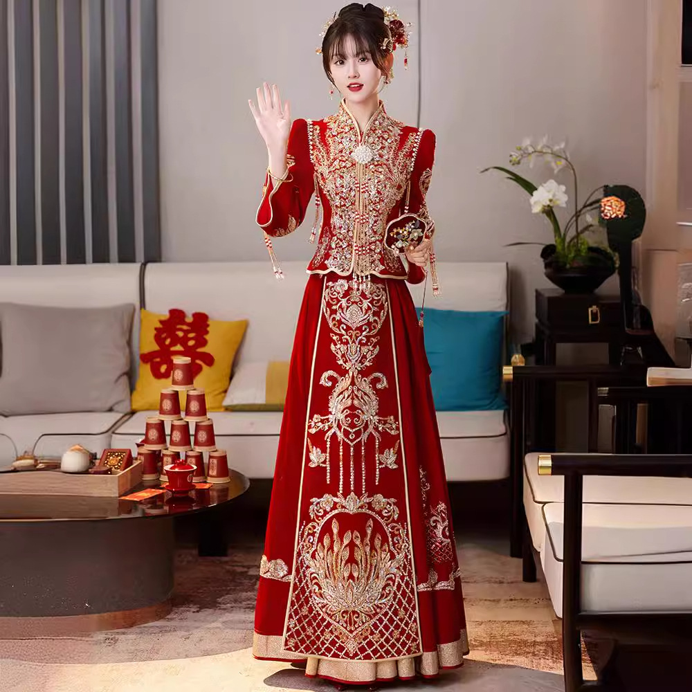 重工秀禾服2025新款女中式新娘结婚敬酒服嫁衣小个子显瘦丝绒婚纱