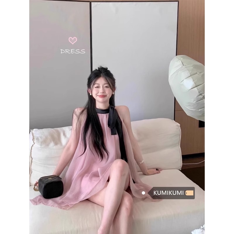夏季新款法式温柔风ins宽松系带挂脖连衣裙高级甜美生日短款裙子