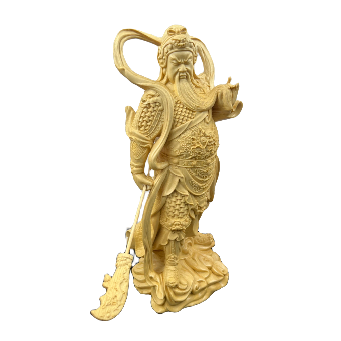 桧木横刀飘带关公木雕雕刻工艺品摆件,高30cm