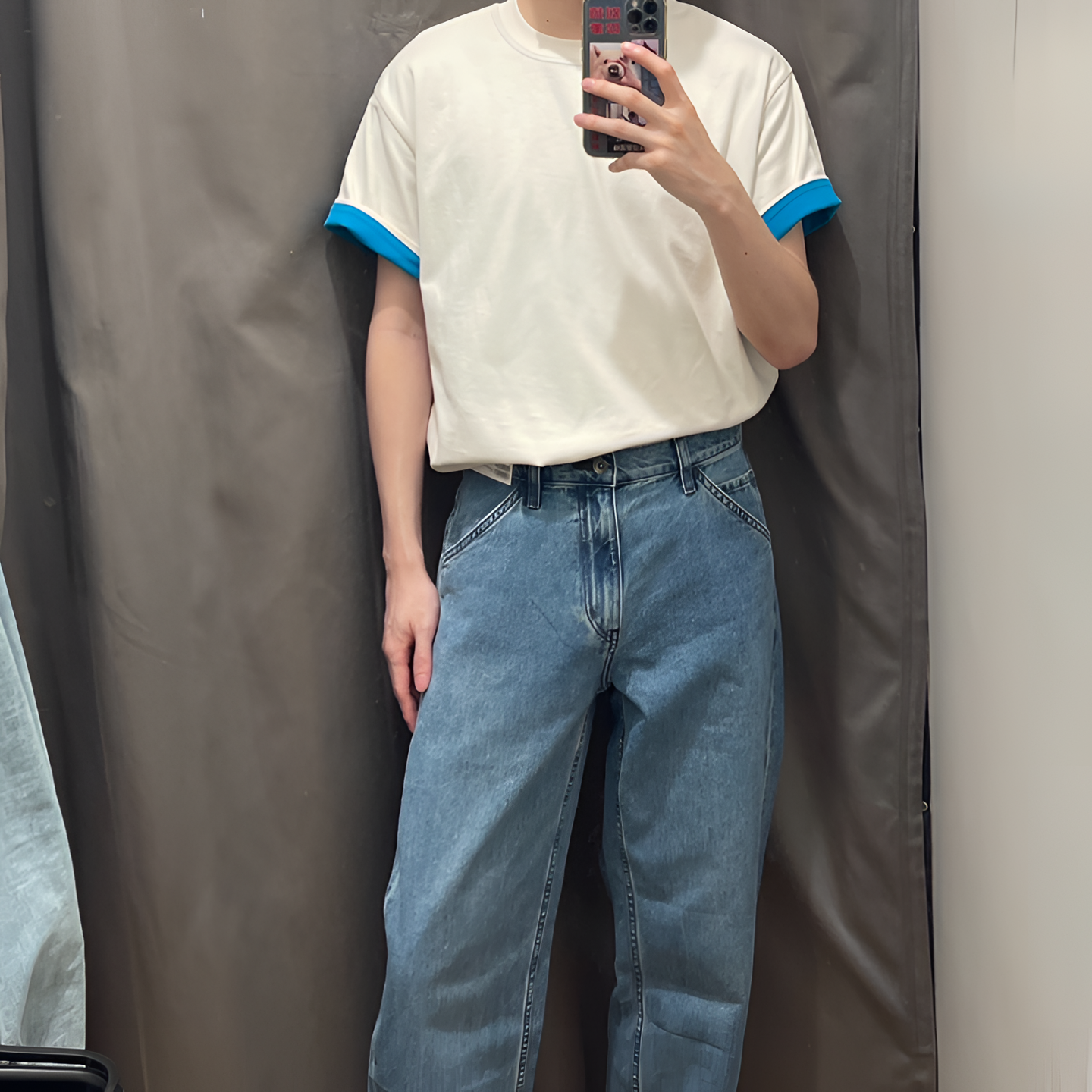 24夏季新品高克重双层拼接宽松短袖圆领针织T恤湖水蓝babyblue