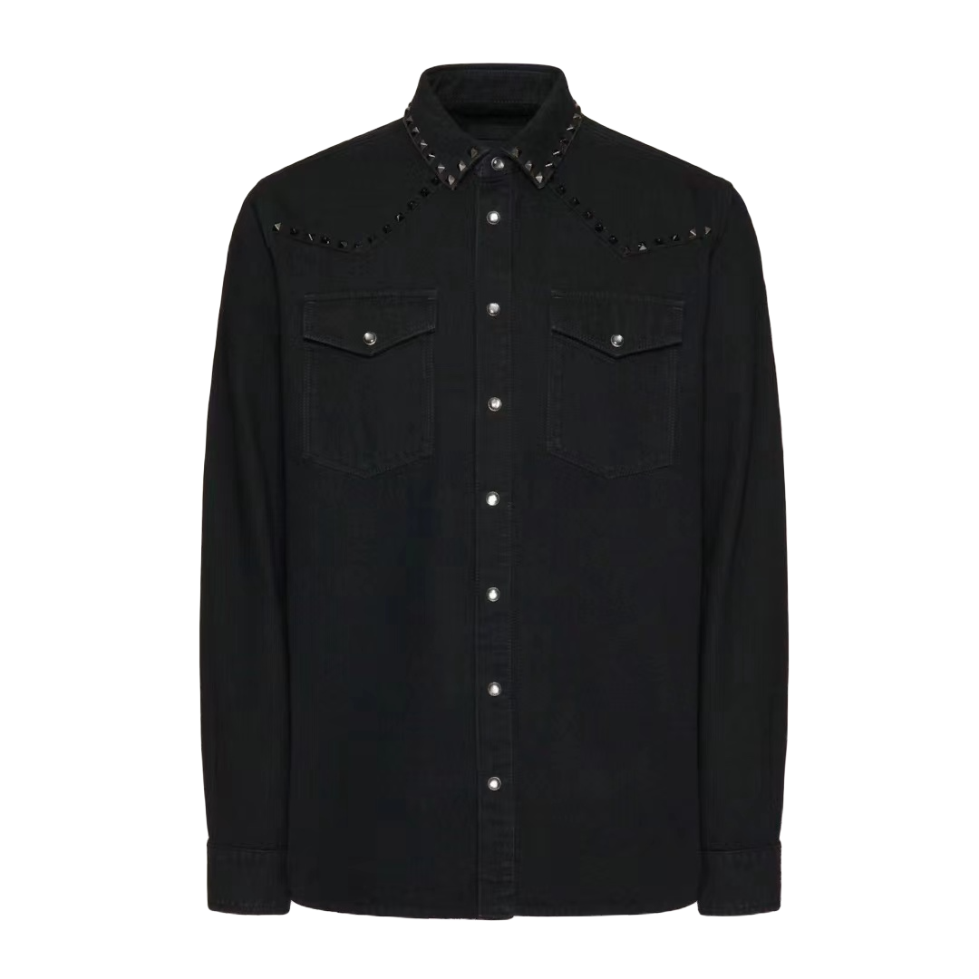 25FW走秀新款铆钉牛仔衬衫外套 重工高奢时尚男款黑色衬衣休闲
