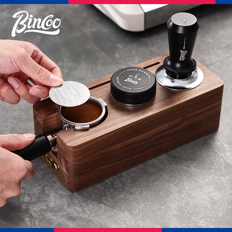 Bincoo胡桃木压粉底座咖啡机手柄支架布粉器粉锤收纳工具51/58mm