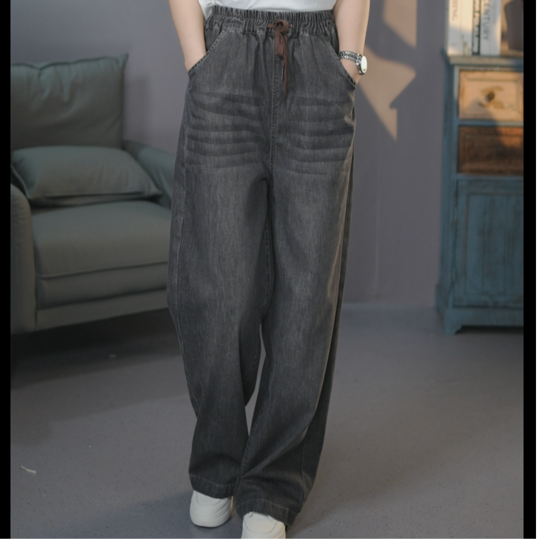 碳灰6788#2025春季复古显瘦牛仔直筒裤松紧腰时尚九分梧桐裤
