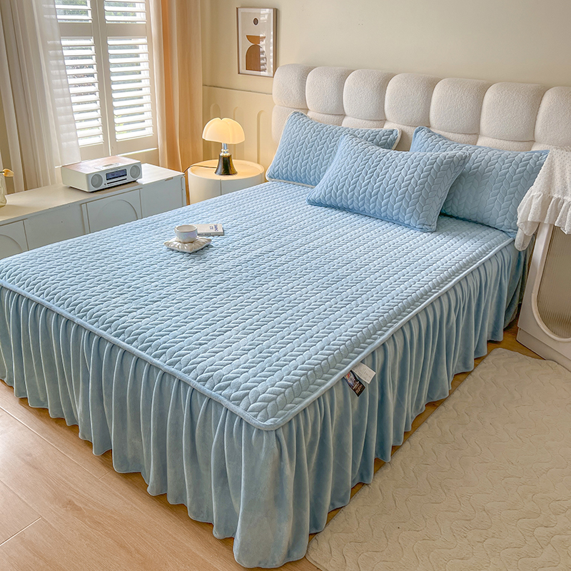 牛奶绒夹棉床裙三件套加厚保暖纯色单床裙防尘防滑床套床上用品