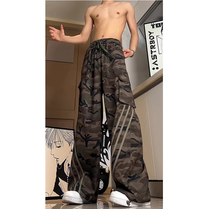 美式速干工装迷彩裤男夏季穿搭三条杠运动裤子高腰工装百搭微喇裤
