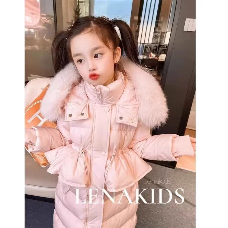 新品巴拉巴拉女童羽 绒服大长款冬季过膝新保暖加厚棉袄公主收腰