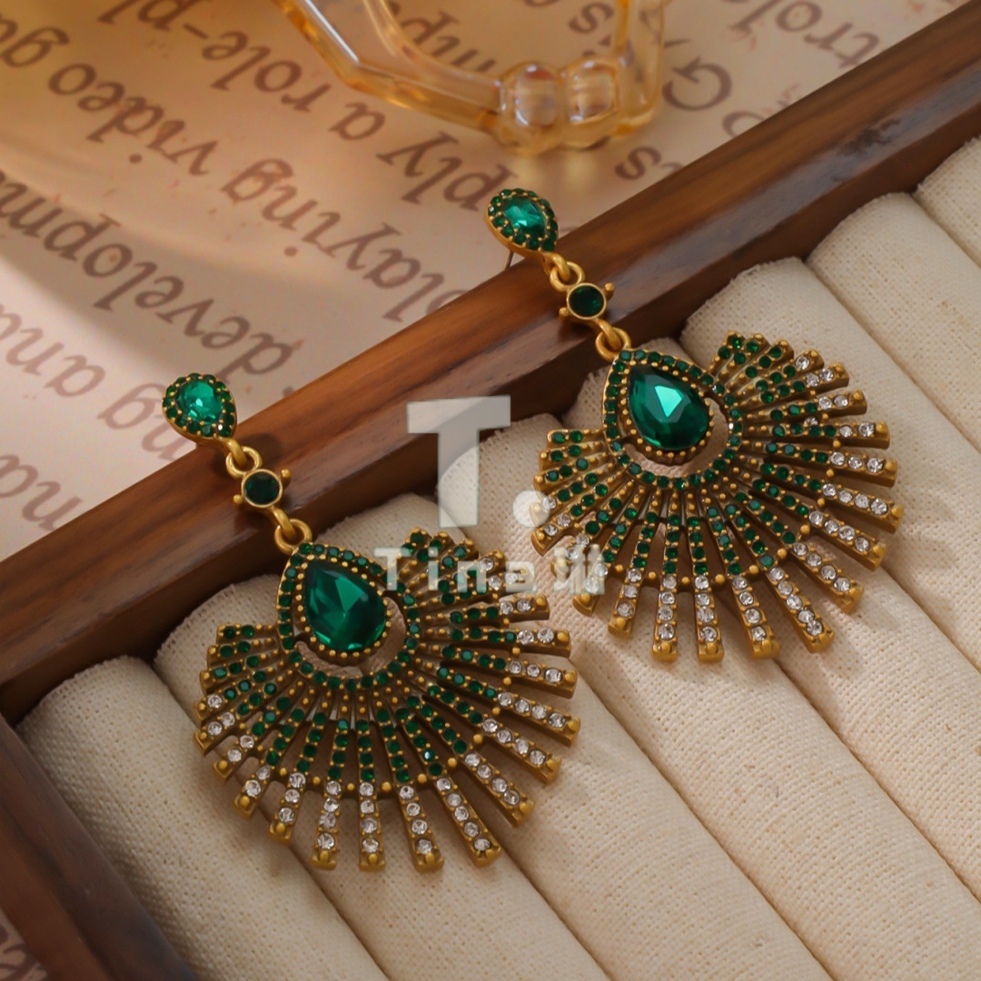 铜合金耳饰 【1010】复古手工拉丝绿孔雀满镶耳饰耳环夸张长款