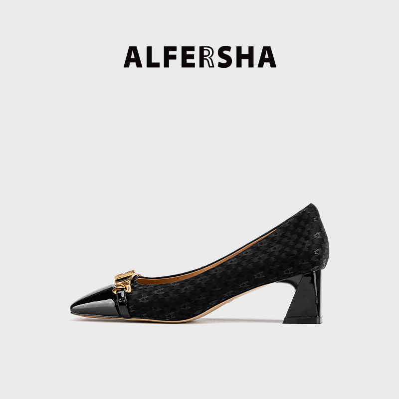 阿芙莎广系联名款923688气质时尚千鸟格百搭粗跟高跟单鞋B