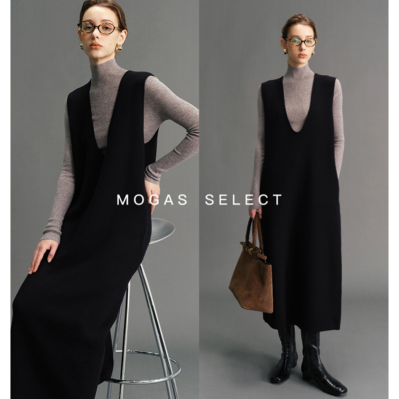 Mogas【粉丝回馈】美利奴羊毛混纺无袖U领针织背心连衣裙女冬383602