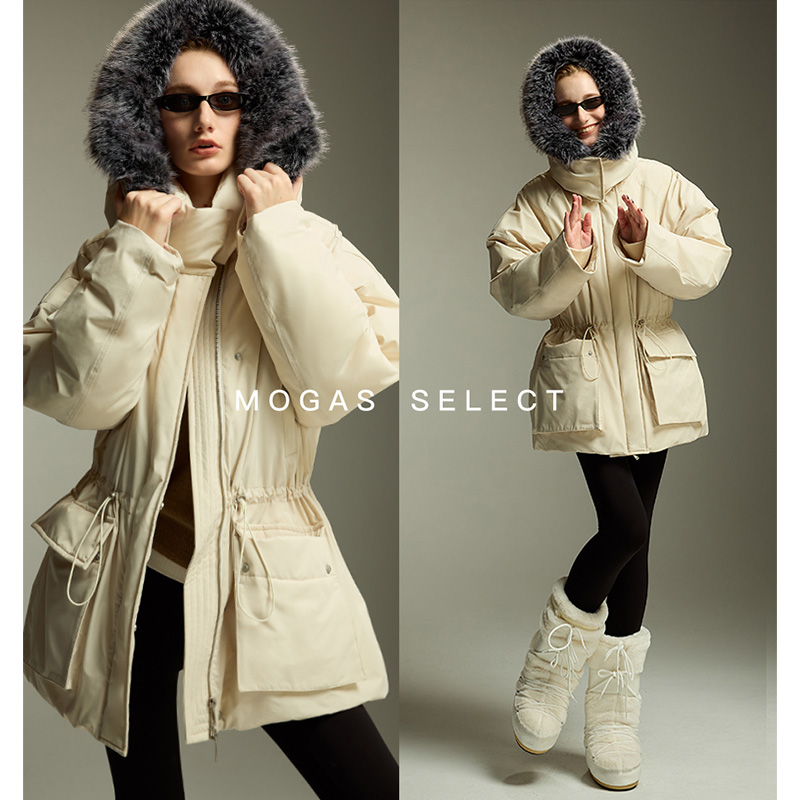 Mogas保暖王炸西班牙进口90白鸭绒中长款收腰毛领连帽羽绒服09502