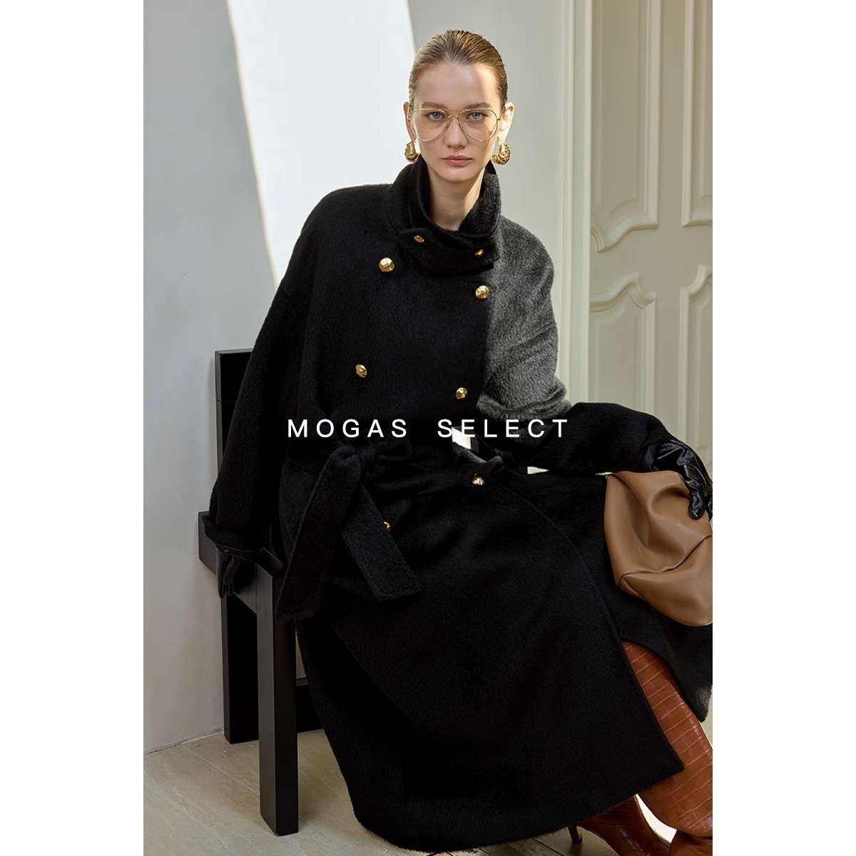 Mogas重磅秘鲁进口苏力大衣篙奢羊驼绵羊毛束腰修身毛呢外套