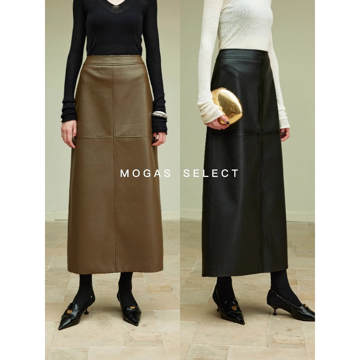 Mogas【粉丝回馈】微皱肌理感复古高腰后开衩皮裙半身裙330902