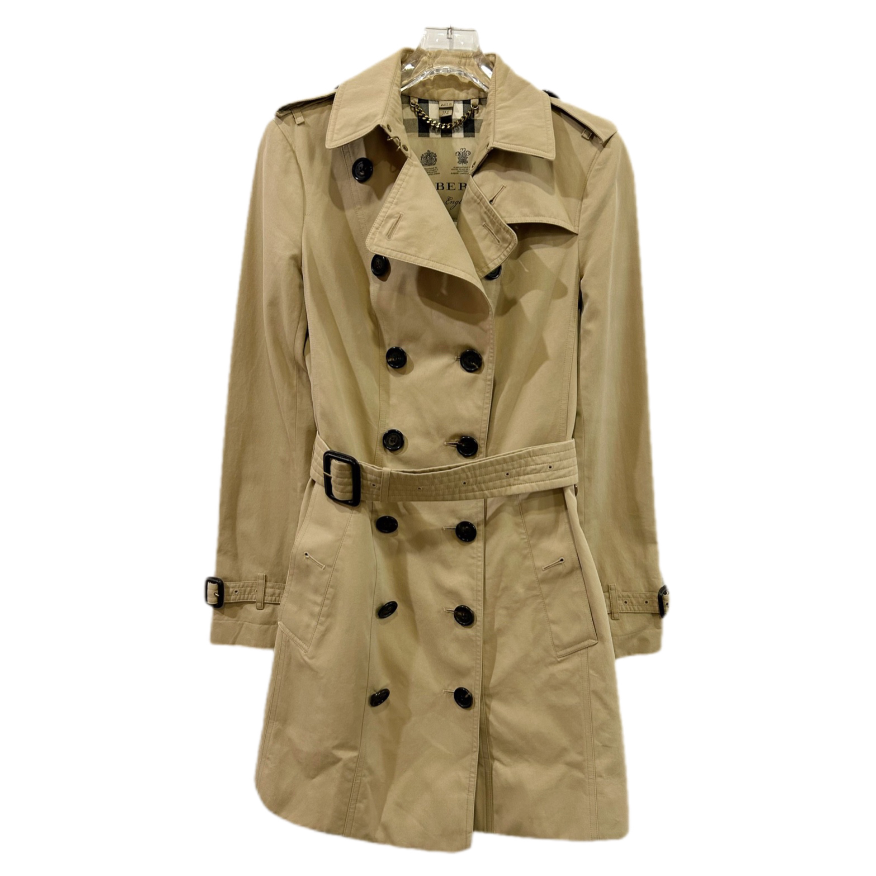 99新 BURBERRY/博柏利 001131 卡其色双排扣长款棉质风衣 Uk6码
