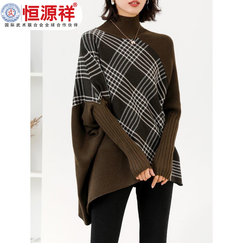 恒源祥彩羊格子拼色针织衫秋冬大码不规则中长款毛衣女慵懒风宽松