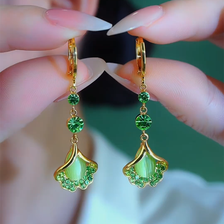 925银针耳饰 【122号】秋冬新款绿色银杏叶耳扣简约百搭耳环