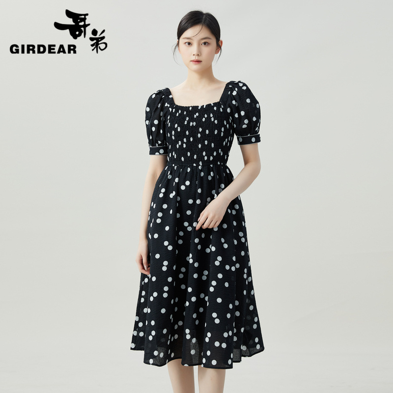 哥弟设计感短袖印花洋装连衣裙1500459夏季黑色盛夏小碎花裙子