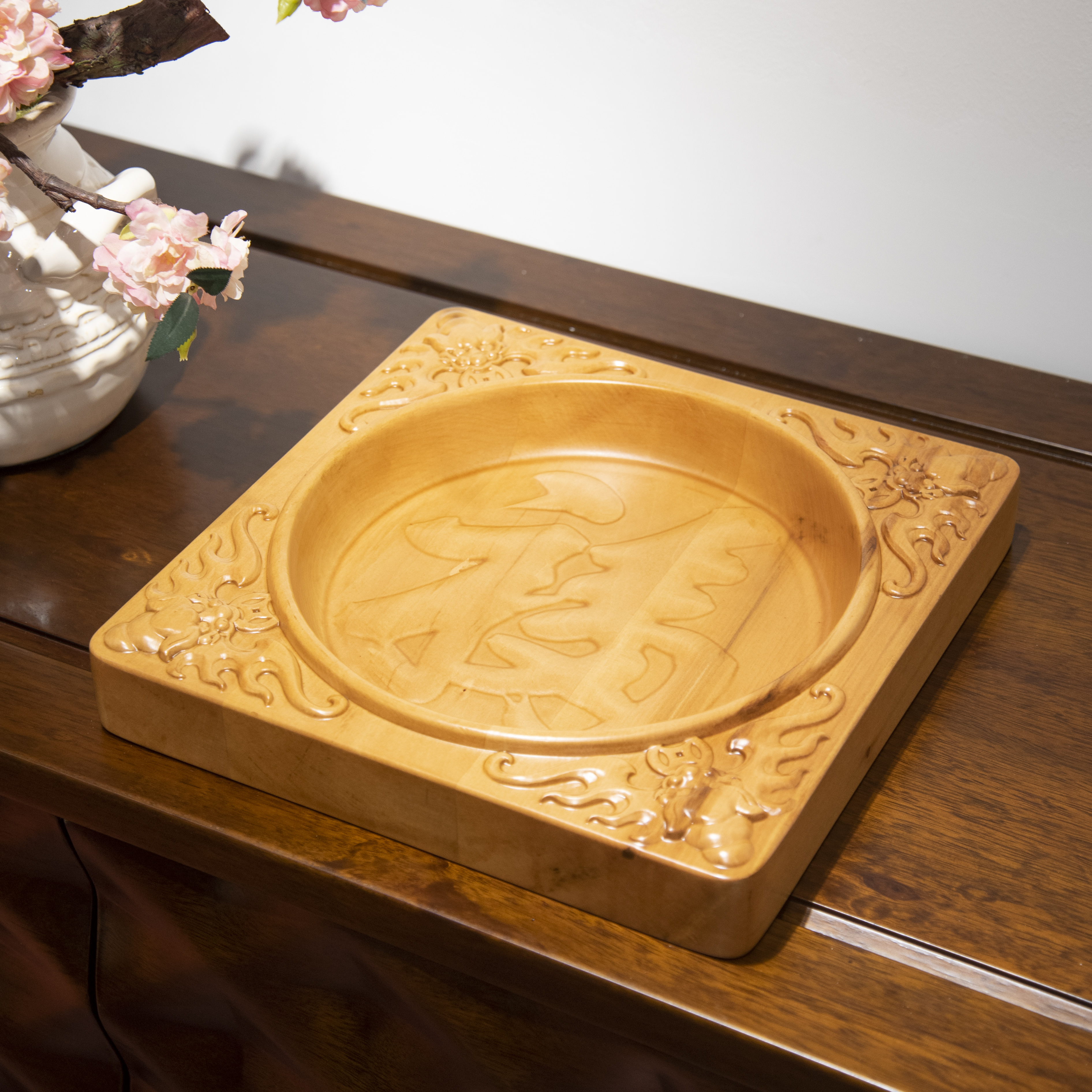 椴木五福托盘原木果盘茶盘木制雕花中式置物客厅茶室尺寸:30*30*4