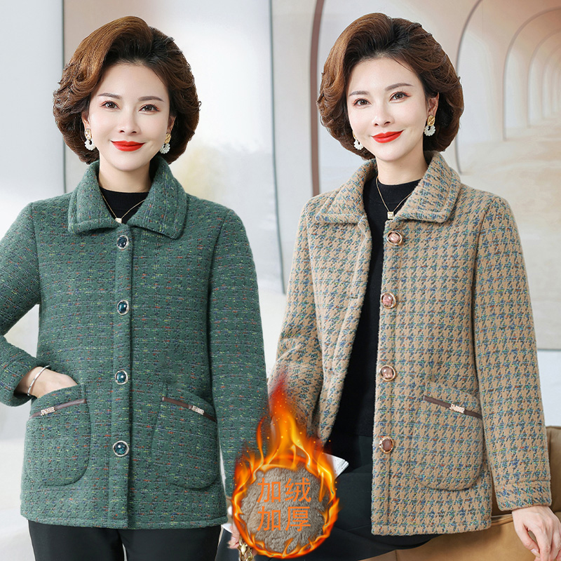 中老年女装秋冬装加绒外套新款百搭加绒洋气厚棉衣长袖衣服