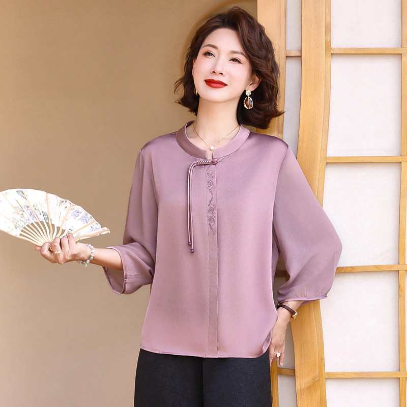 妈妈夏装2024新款国风衬衫时尚缎上衣中老年女春装雪纺t恤小衫