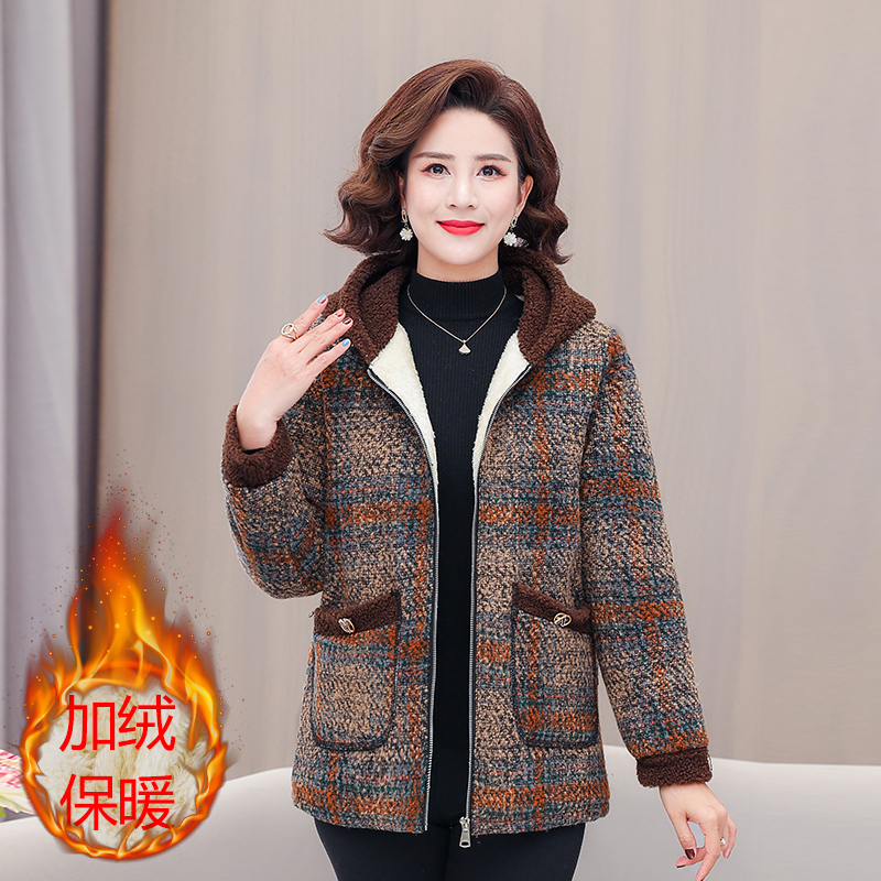 新款妈妈冬装加绒棉服外套女装洋气中老年人连帽棉衣格子棉袄