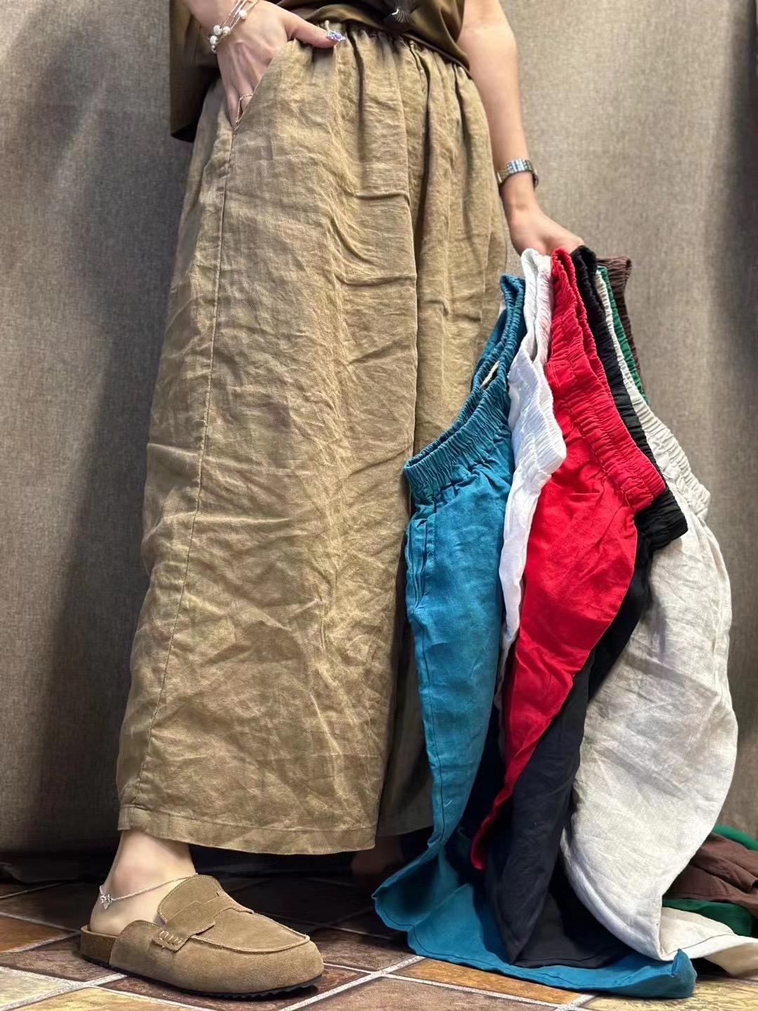 瑞大 100%亚麻韩版宽松复古纯色阔腿九分休闲裤（100-160斤）