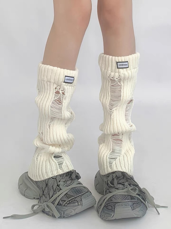 gogo socks白色袜套冬季针织破洞jk小腿袜子女喇叭腿套y2k堆堆袜