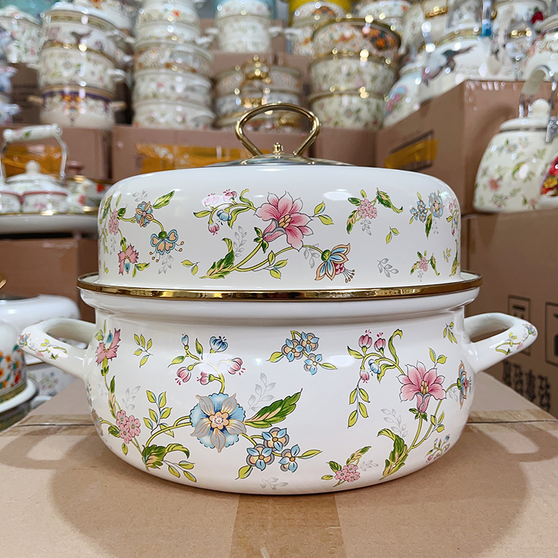 26cm蒸锅珐琅搪瓷紫荆花单层矮款搪瓷蒸煮锅海鲜炖锅电磁炉燃气