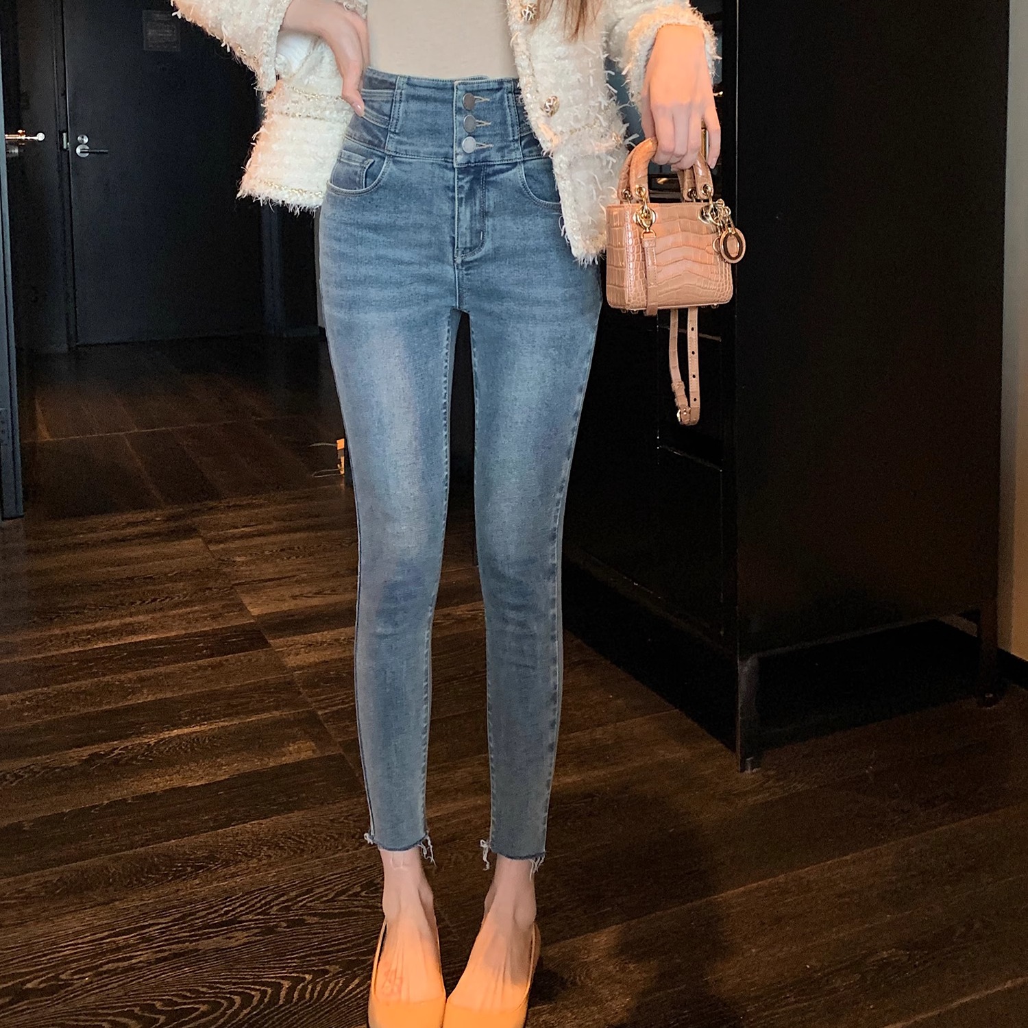 “口碑铅笔裤”Api磨毛保暖超高腰三粒扣修身显瘦小脚牛仔裤