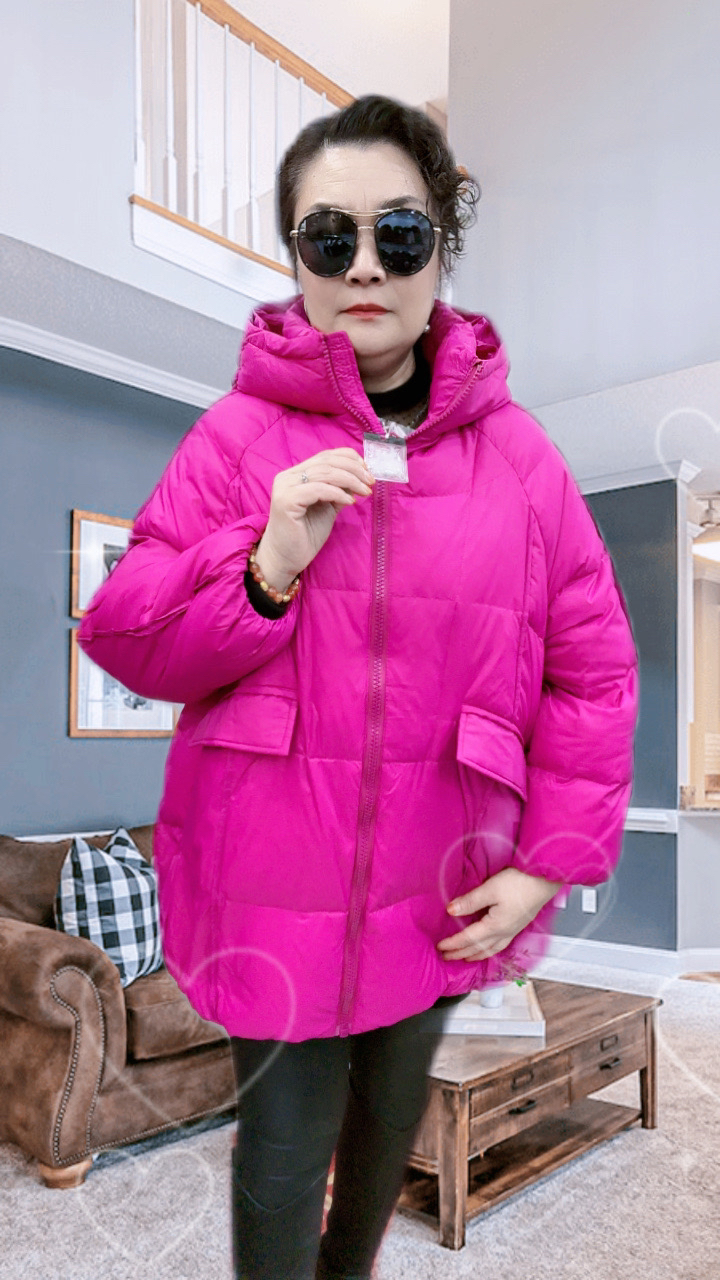 2023新款两口休闲百搭轻薄代盖大版外套时尚冬季宽松连帽保暖纯色