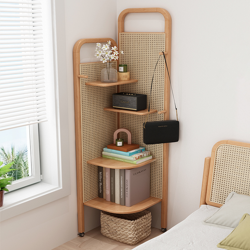 藤编角柜置物架全实木落地书架可移动卧室转角柜简约拐角挂衣架
