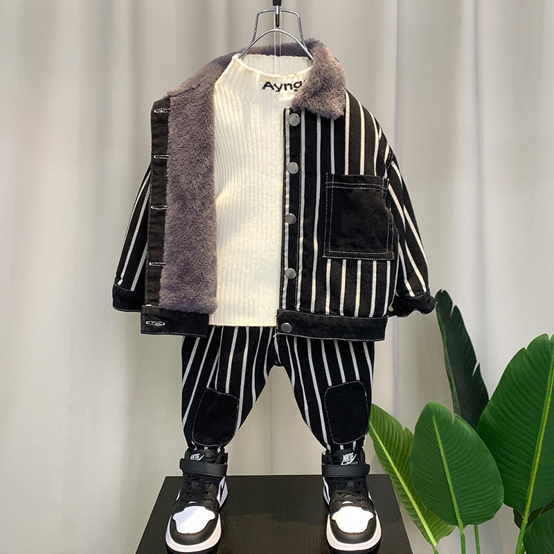 炸街男童冬装牛仔套装新款帅气男孩秋冬加绒儿童装两件套