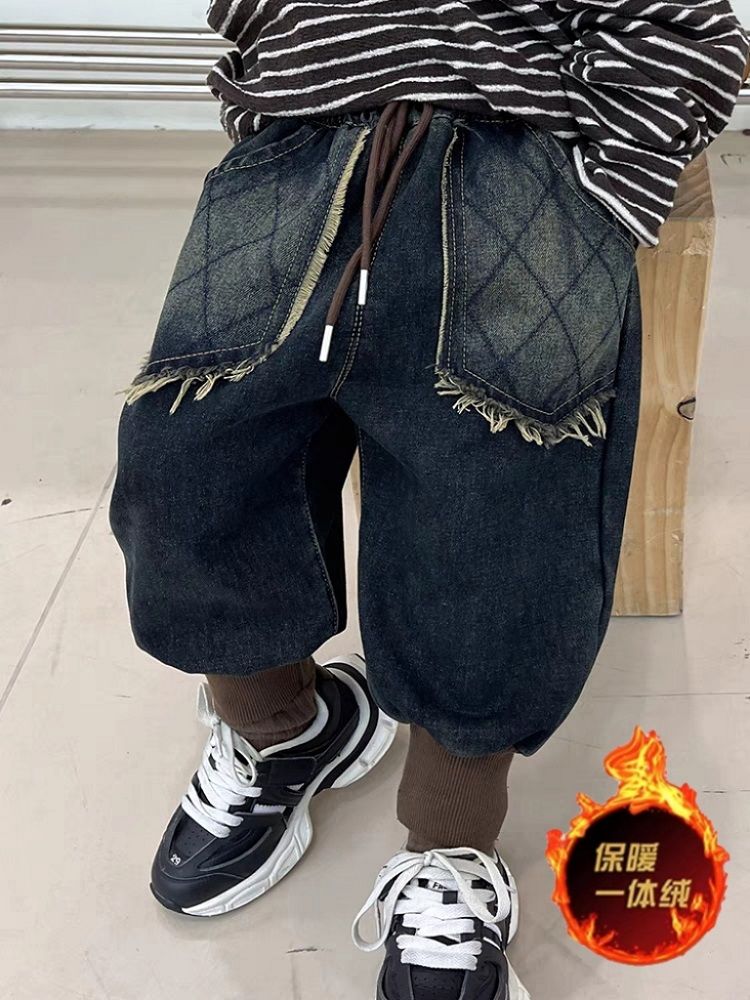 品巴拉巴拉男童加绒牛仔裤冬季新款中小童韩版一体绒束脚裤儿童洋