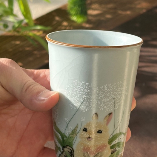 a9350 （已开片）月白汝窑蒲公英兔可乐杯