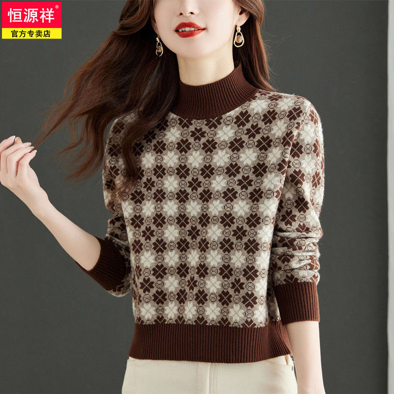 恒源祥羊毛衫女加厚秋冬小个子提花毛衣宽松外穿半高领针织打底衫
