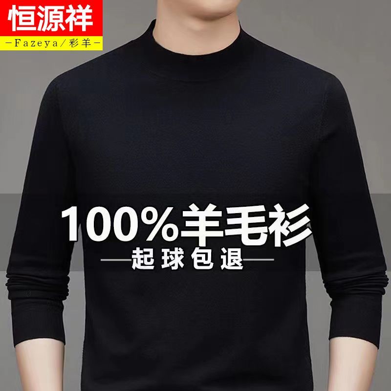恒源祥集团秋冬男士100%纯羊毛衫半高领针织薄打底衫保暖套头彩羊