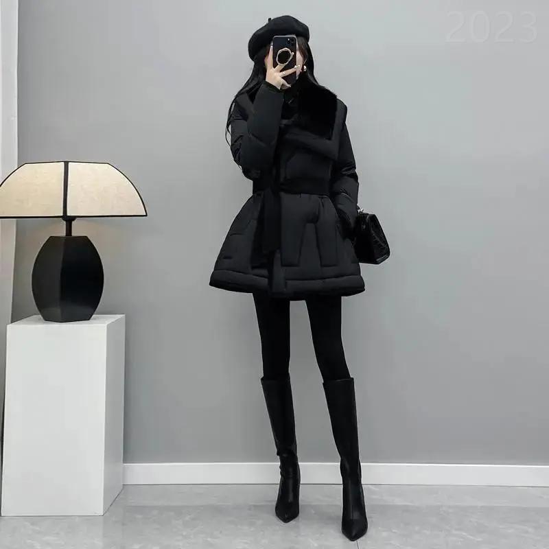 冬季23冬季新款黑色气质羽绒衣修身加厚白鸭绒外套翻领洋气