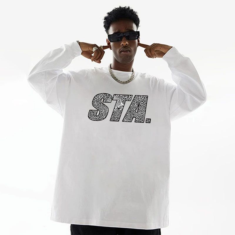 STA SRXRMD豹纹字母春秋长袖T恤男美式宽松纯棉国潮重磅情侣上衣