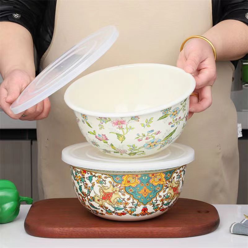 特厚高端搪瓷碗食品级保鲜碗带盖大号家用搪瓷盖碗汤碗面碗冰箱碗
