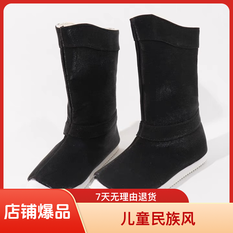靴子黑色加厚汉服百搭民族风加绒高帮靴子男甲胄平底筒靴高筒国风