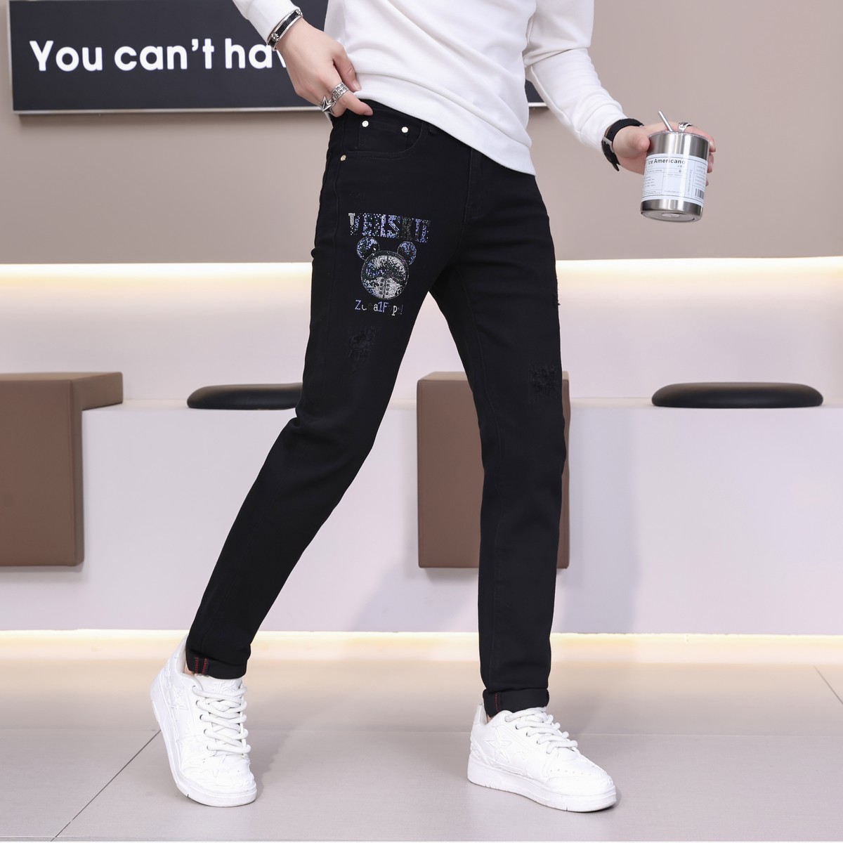 秋冬款烫钻牛仔裤男潮牌修身小脚黑色弹力潮流休闲长裤子19208